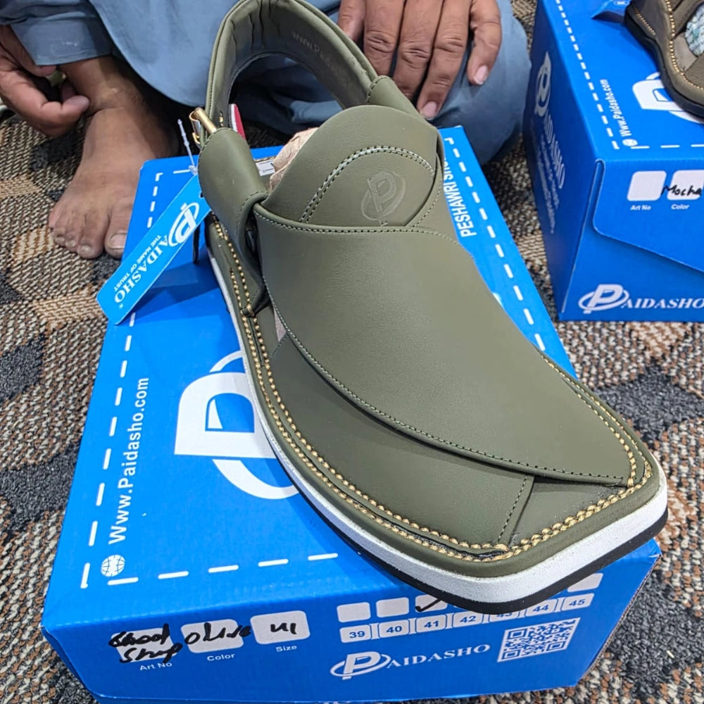 Paidasho Peshawari Shoes | Olive Green Leather Sandals