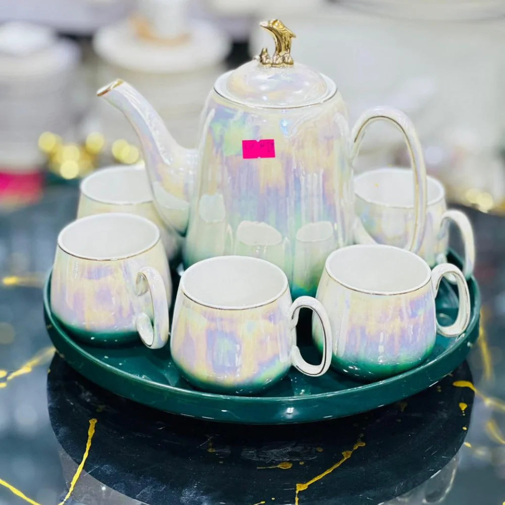 Ceramic Tea Set of 8 Gold with Rainbow Touch & Tray