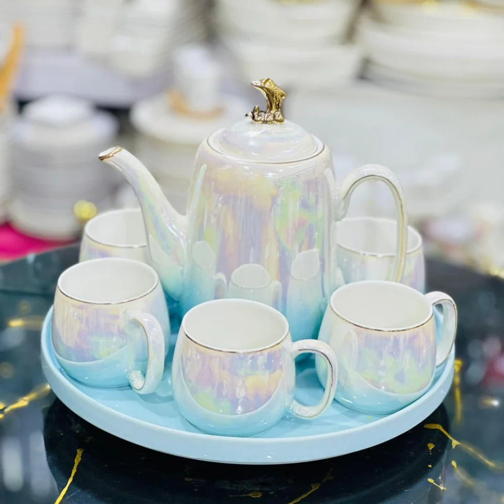 Ceramic Tea Set of 8 Gold with Rainbow Touch & Tray