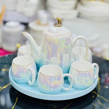 Ceramic Tea Set of 8 Gold with Rainbow Touch & Tray
