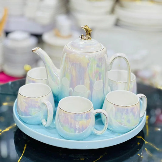 Ceramic Tea Set of 8 Gold with Rainbow Touch & Tray