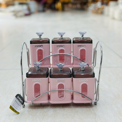 Livon Spice Jar سیٹ 6-Pcs اسٹیل اسٹینڈ کے ساتھ - 3 رنگ