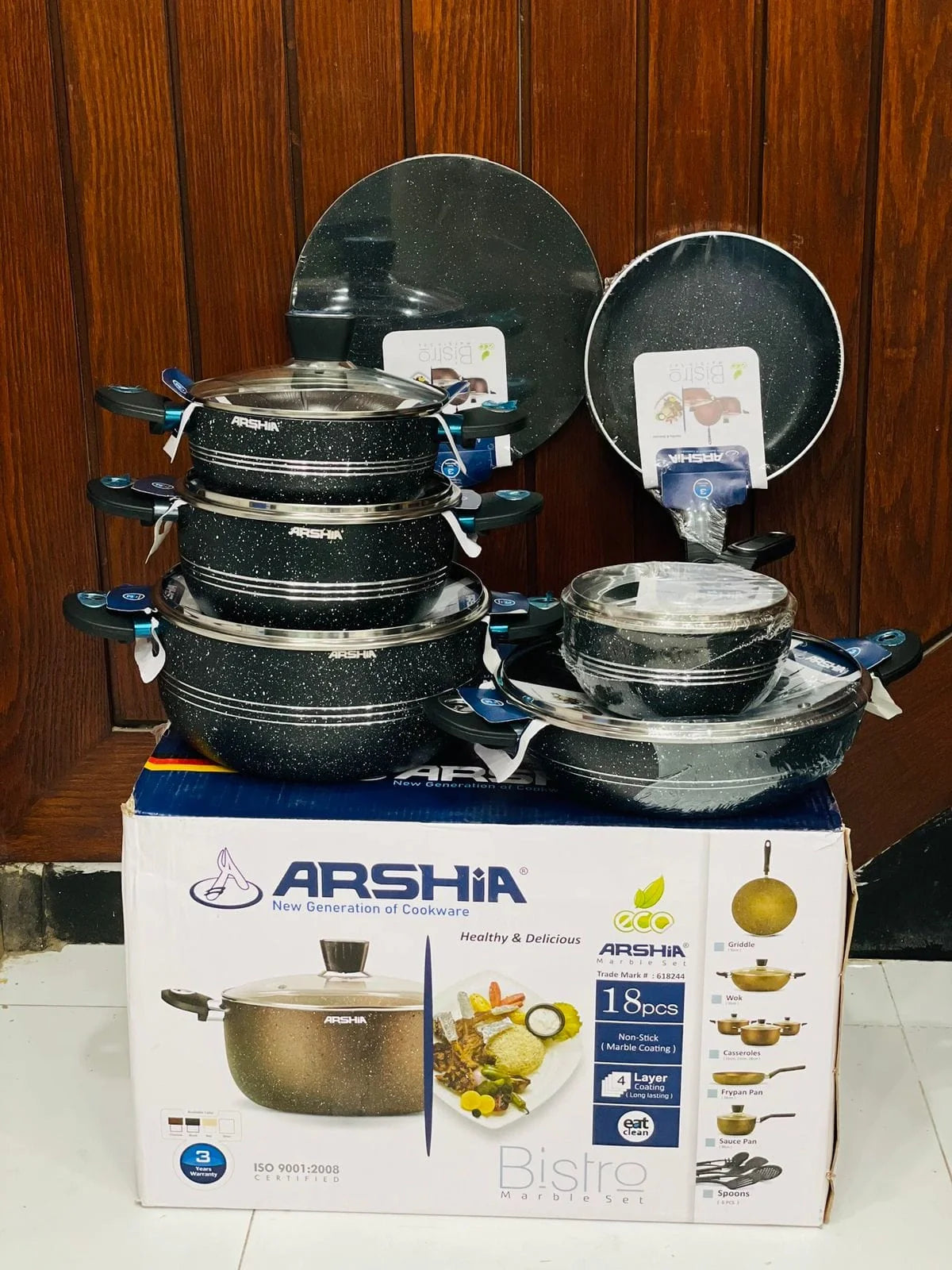Arshia 18-Pcs Marble Coated Non-Stick Cookware Set | Durable
