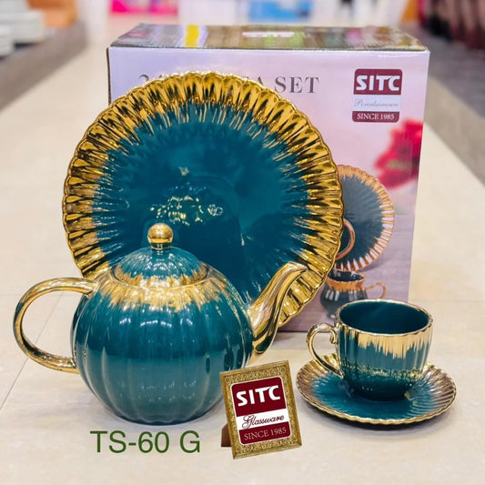 Elegant Green Tea Set with Gold Rim – 6 Cups, Saucers & Kettle