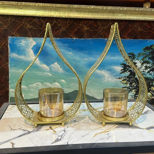 Classic Touch Gold Circle Hurricane Candle Holder – 2 Pc